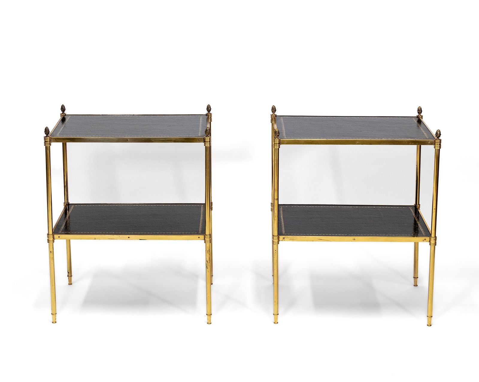 Pair Of Mid Century Gilt Metal & Leather Etagere End Tables French 1950 photo vintage