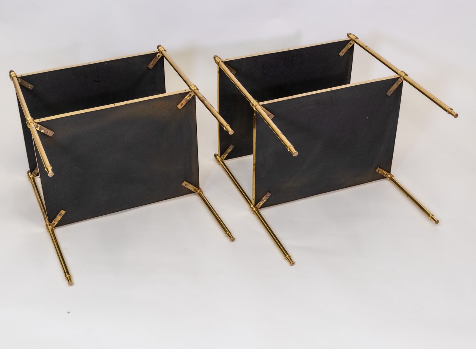 Furniture Pair Of Mid Century Gilt Metal & Leather Etagere End Tables French 1950 photo