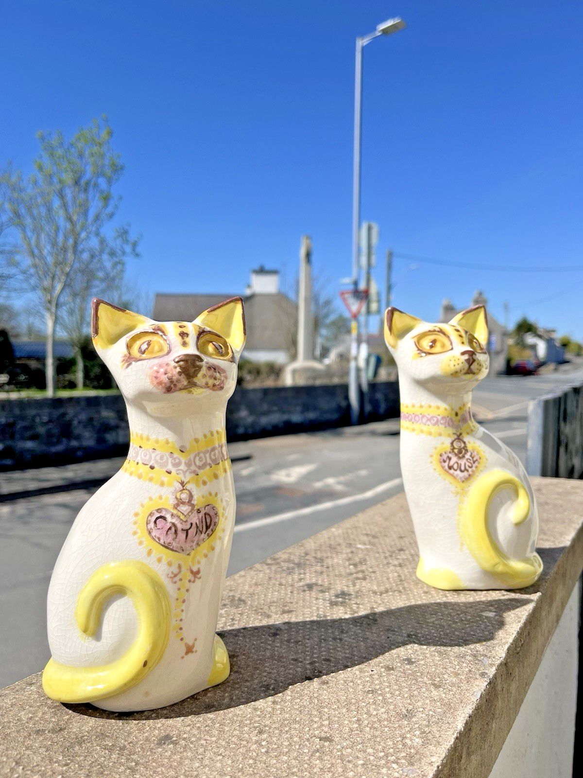 Pair Of Unusual Mid Century Pottery Mantel Cats Ornaments Portuguese ? Italian ? photo for sale