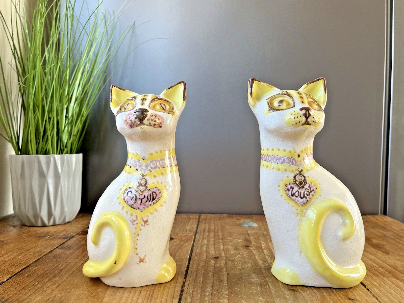 Pair Of Unusual Mid Century Pottery Mantel Cats Ornaments Portuguese ? Italian ? photo Art