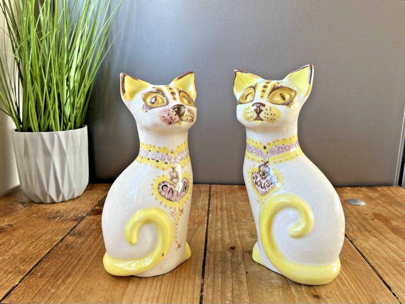 photo for sale Pair Of Unusual Mid Century Pottery Mantel Cats Ornaments Portuguese ? Italian ?