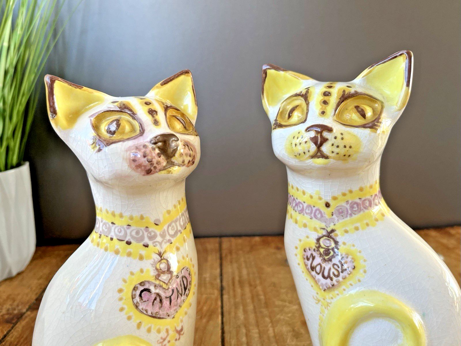 Art Pair Of Unusual Mid Century Pottery Mantel Cats Ornaments Portuguese ? Italian ? photo