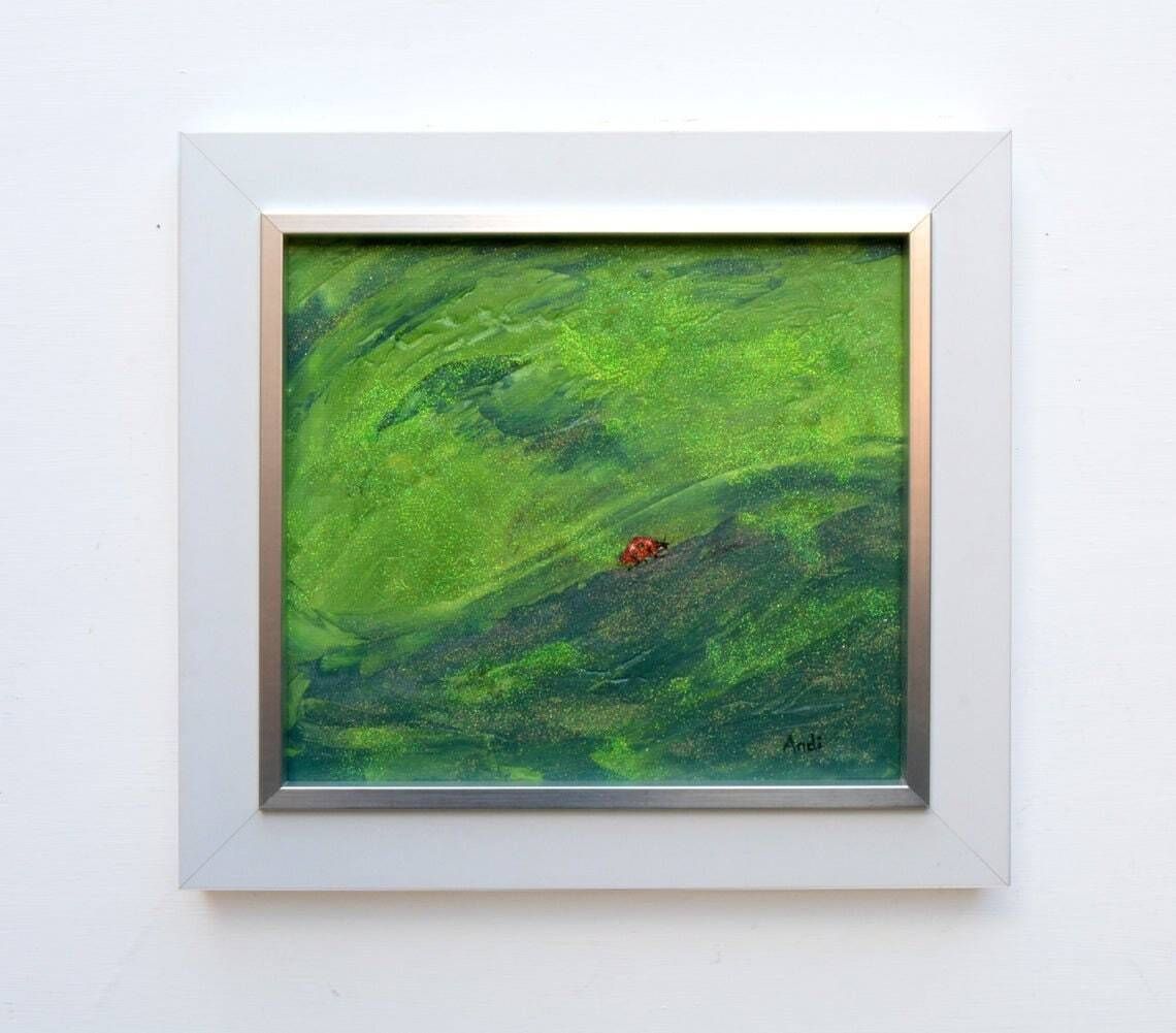 Ladybird Original Painting Ladybird Art Framed Original Art Framed Ladybird On A Leaf Painting Green Glitter Painting Andi J Lucas