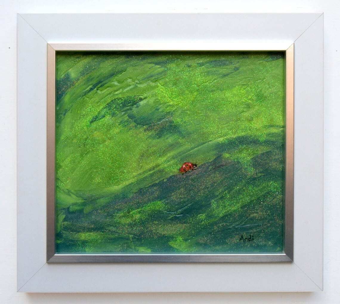 Ladybird Original Painting Ladybird Art Framed Original Art Framed Ladybird On A Leaf Painting Green Glitter Painting Andi J Lucas photo furniture