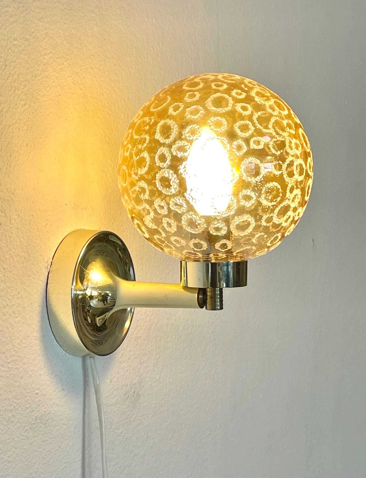 Mid Century Modern Vintage Danish H.N. Design Wall Lamps With Round Ball Glass Shades And Golden Plastic Wall Mounts photo furniture
