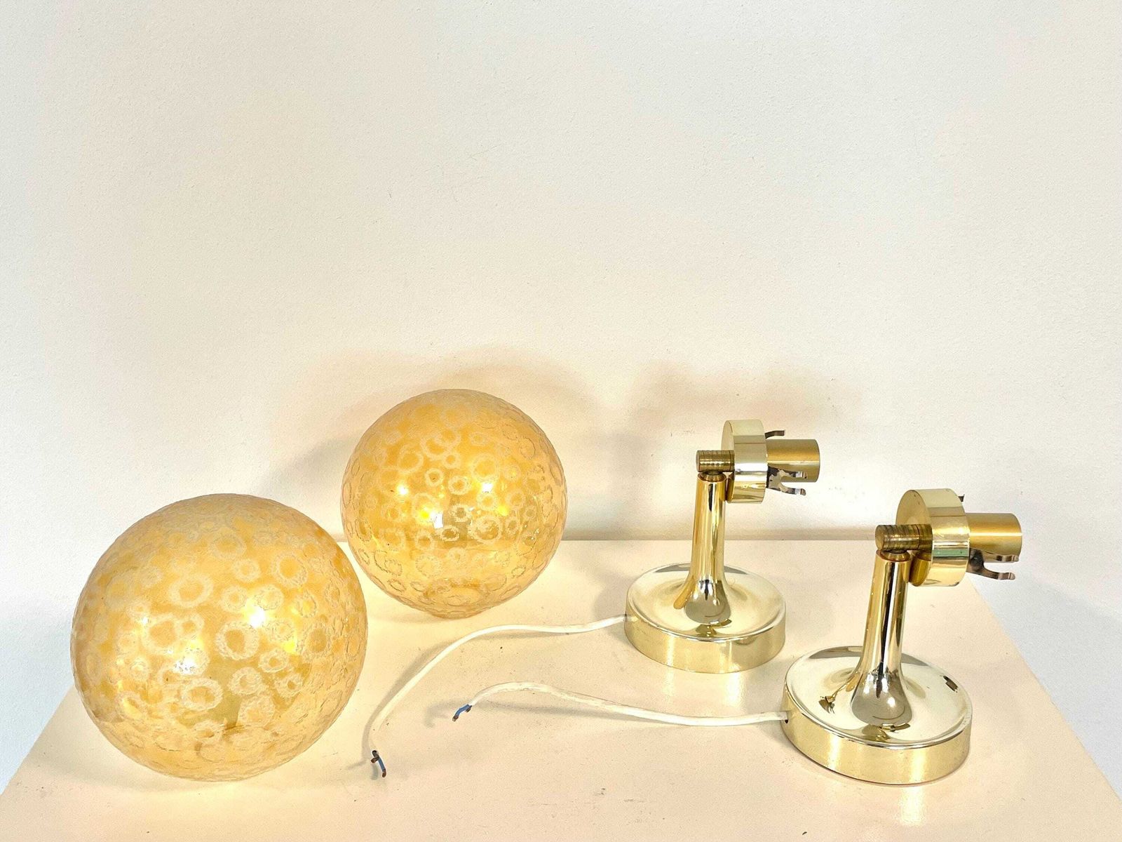 Mid Century Modern Vintage Danish H.N. Design Wall Lamps With Round Ball Glass Shades And Golden Plastic Wall Mounts photo vintage