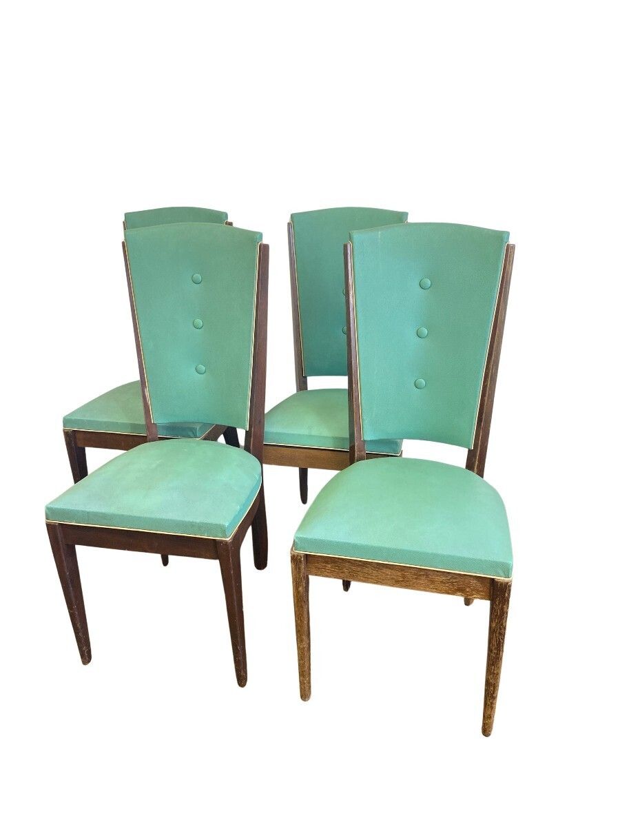 Set Of 4 Green Art Deco Chairs In Stained Beech And Imitation Leather From The 60s