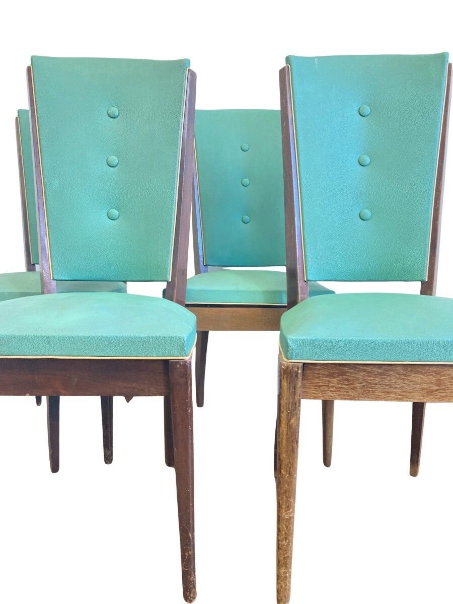 Set Of 4 Green Art Deco Chairs In Stained Beech And Imitation Leather From The 60s photo furniture
