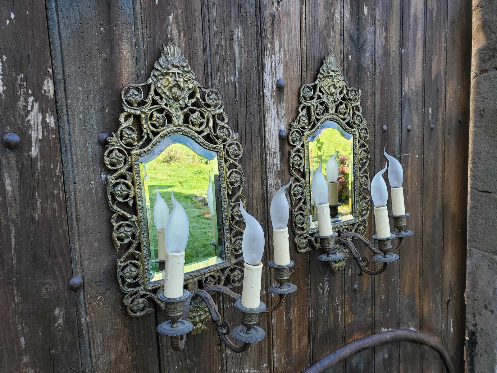 French Antique Bronze Mirror Candlestick Sconces / Pair Of Bronze Mirror Sconces / Electric Converted 6 Bulb Sconces / 19c Sconces photo furniture