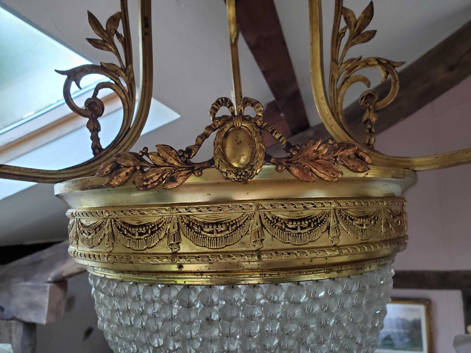 French Bag Or Basket Chandelier / Large French Chandelier / Cut Crystal Chandelier / 6 Bulb French Empire Chandelier / Bronze Chandelier photo buy