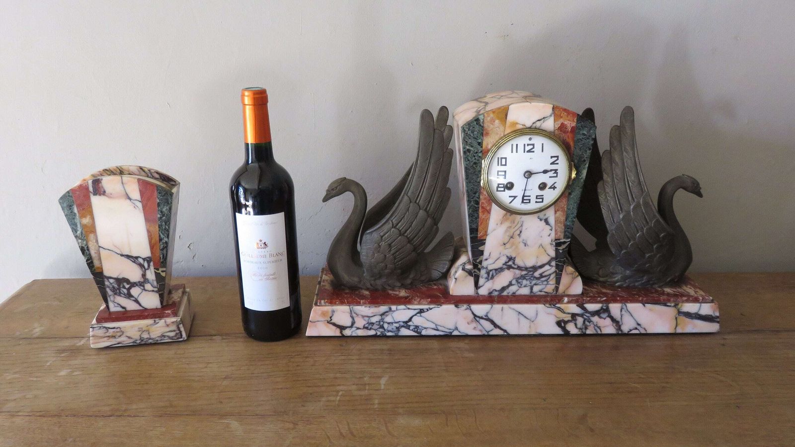 Art Deco Marble/Granite Clock / French Marble Clock With Vases / French Art Deco Clock With 2 Black Swans / Fully Serviced And Working photo for sale