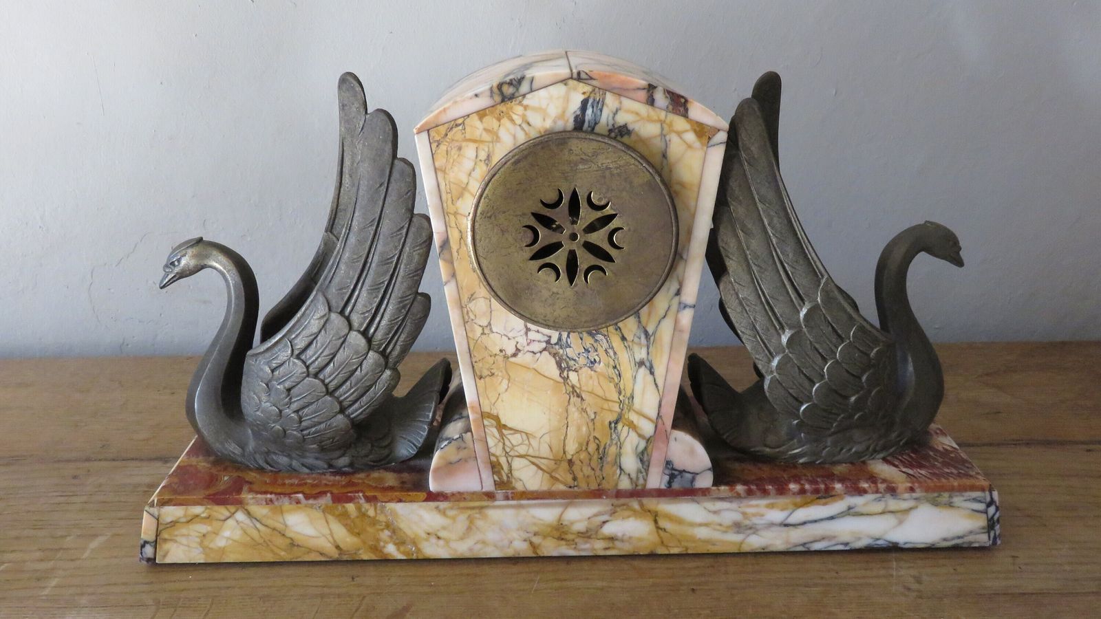 Art Deco Marble/Granite Clock / French Marble Clock With Vases / French Art Deco Clock With 2 Black Swans / Fully Serviced And Working photo 579.0