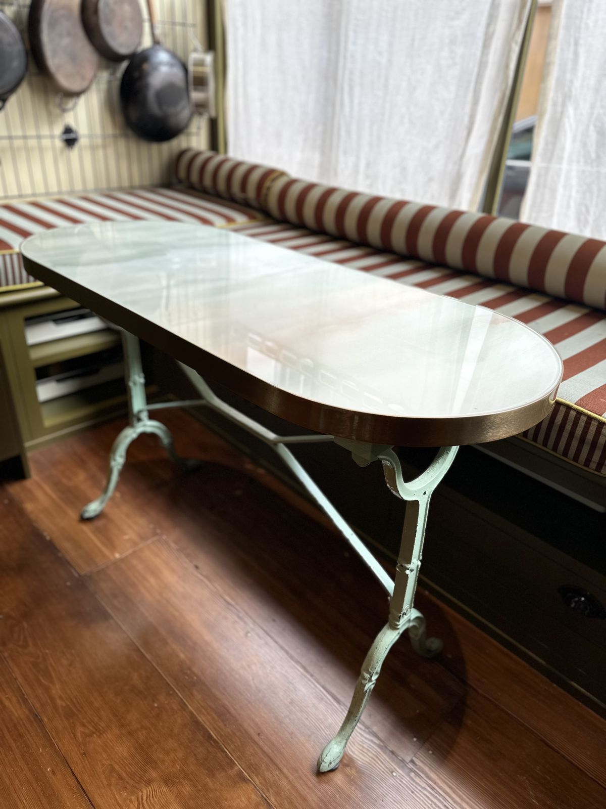 Bespoke French Bistro Table – Brass Rim, Glass Watercolor Top, Cast Iron Legs – Unique Design