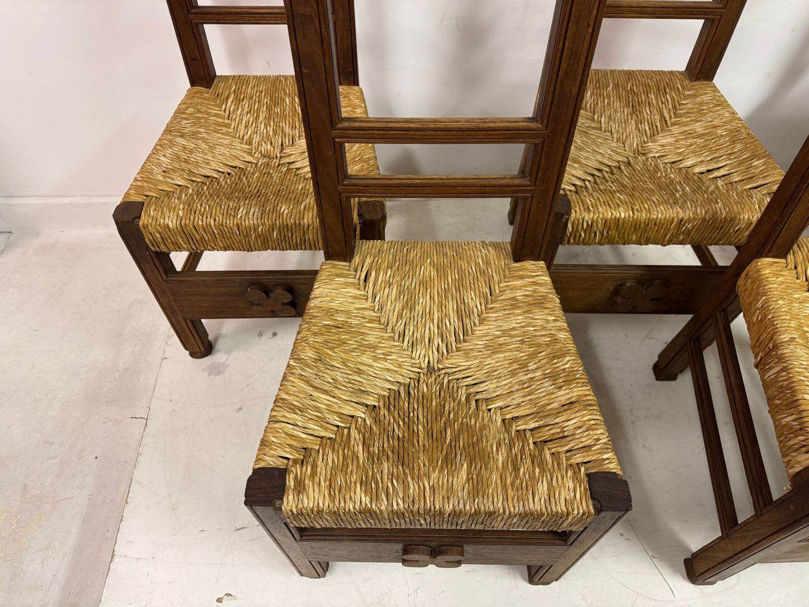 photo furniture Set Of Six Arts And Crafts Ecclesiastical Dining Chairs, Circa 1900