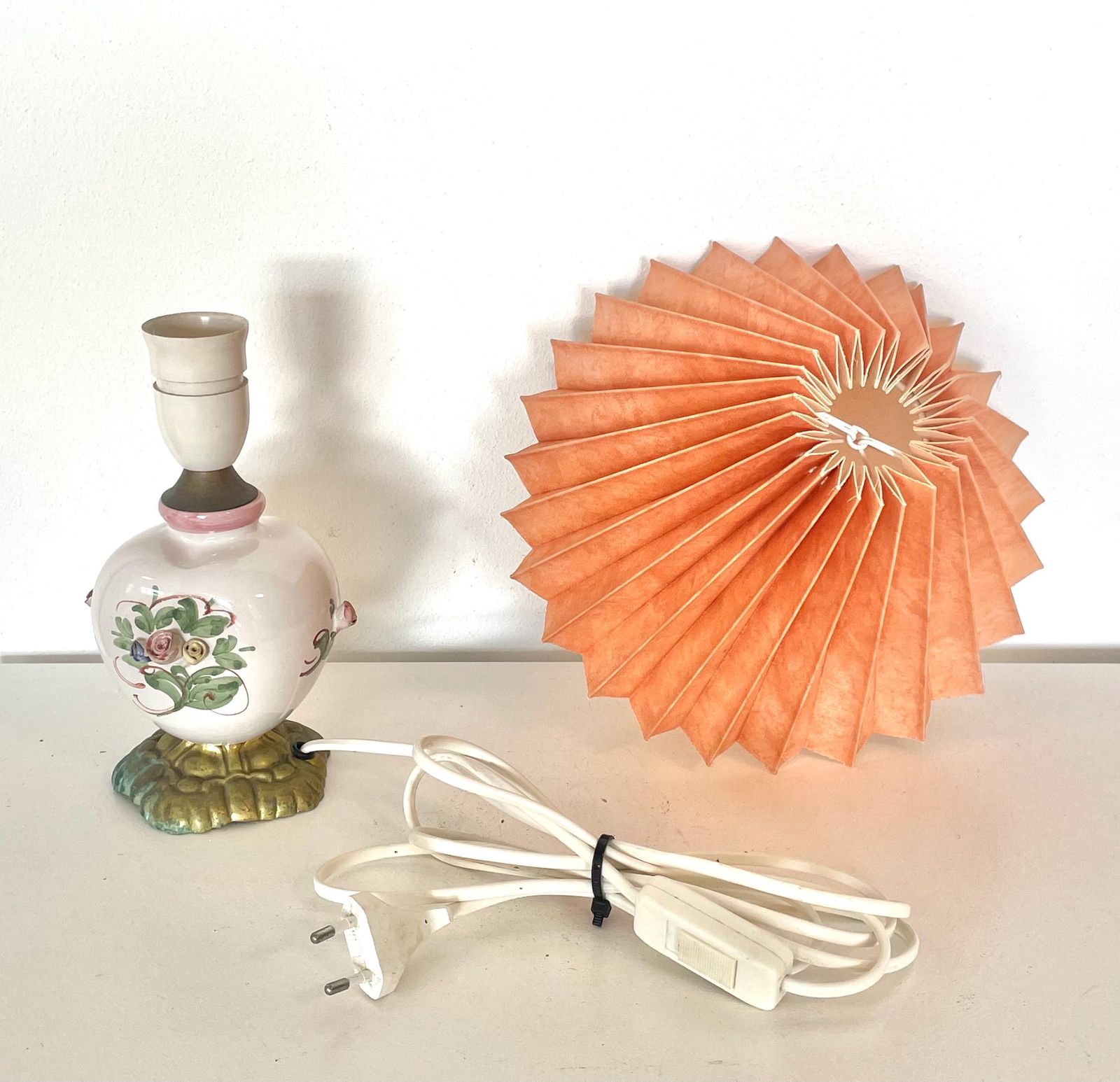 Vintage Mid Century Design Table Lamp In Beautiful Glazed Porcelain With Flower Decoration And Peach Vintage Fabric Shade photo vintage