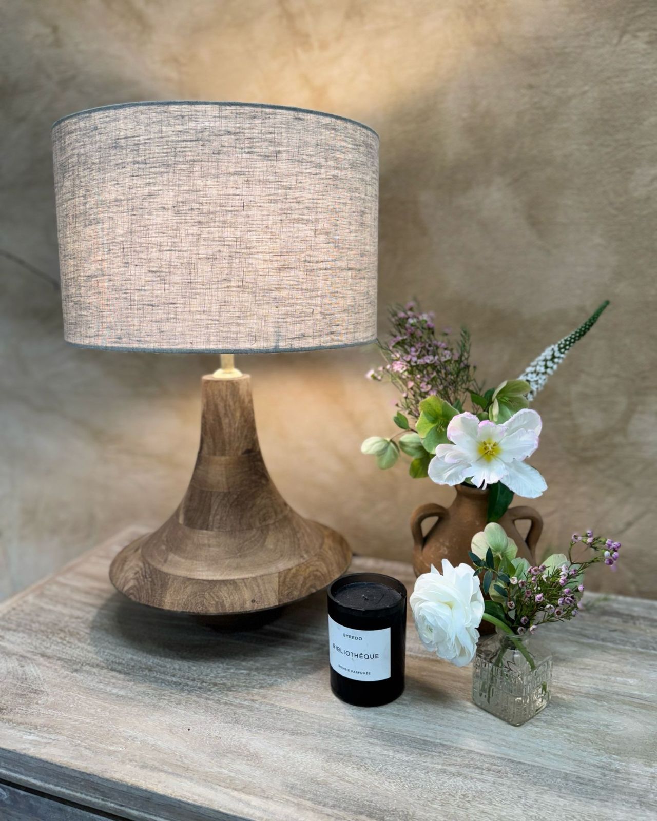 Mango Wood Table Lamp – Petite Sculptural Design With Linen Shade photo furniture