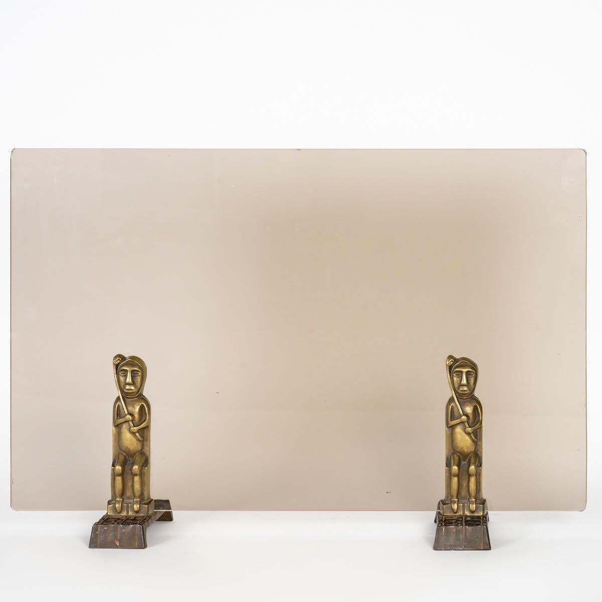 Fire Screen In Bronze And Tinted Glass Plate, Tribal Art. photo Home Fixtures