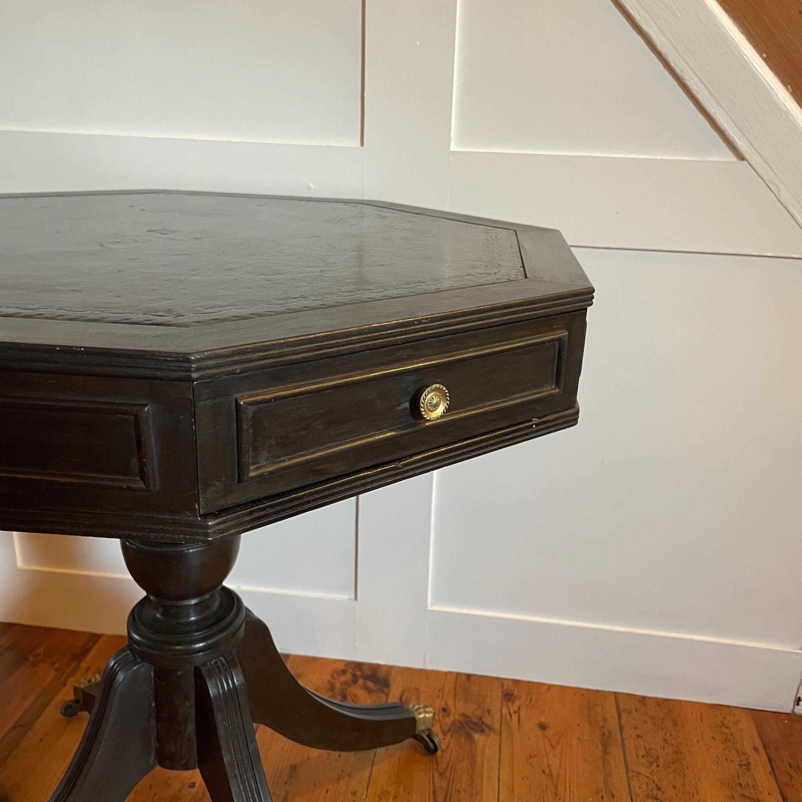 Antique Black Mahogany Octagon Writing Table Leather Top Drum C.Early 1900's Center Hallway Table Brass Wheels On Claw Feet photo for sale