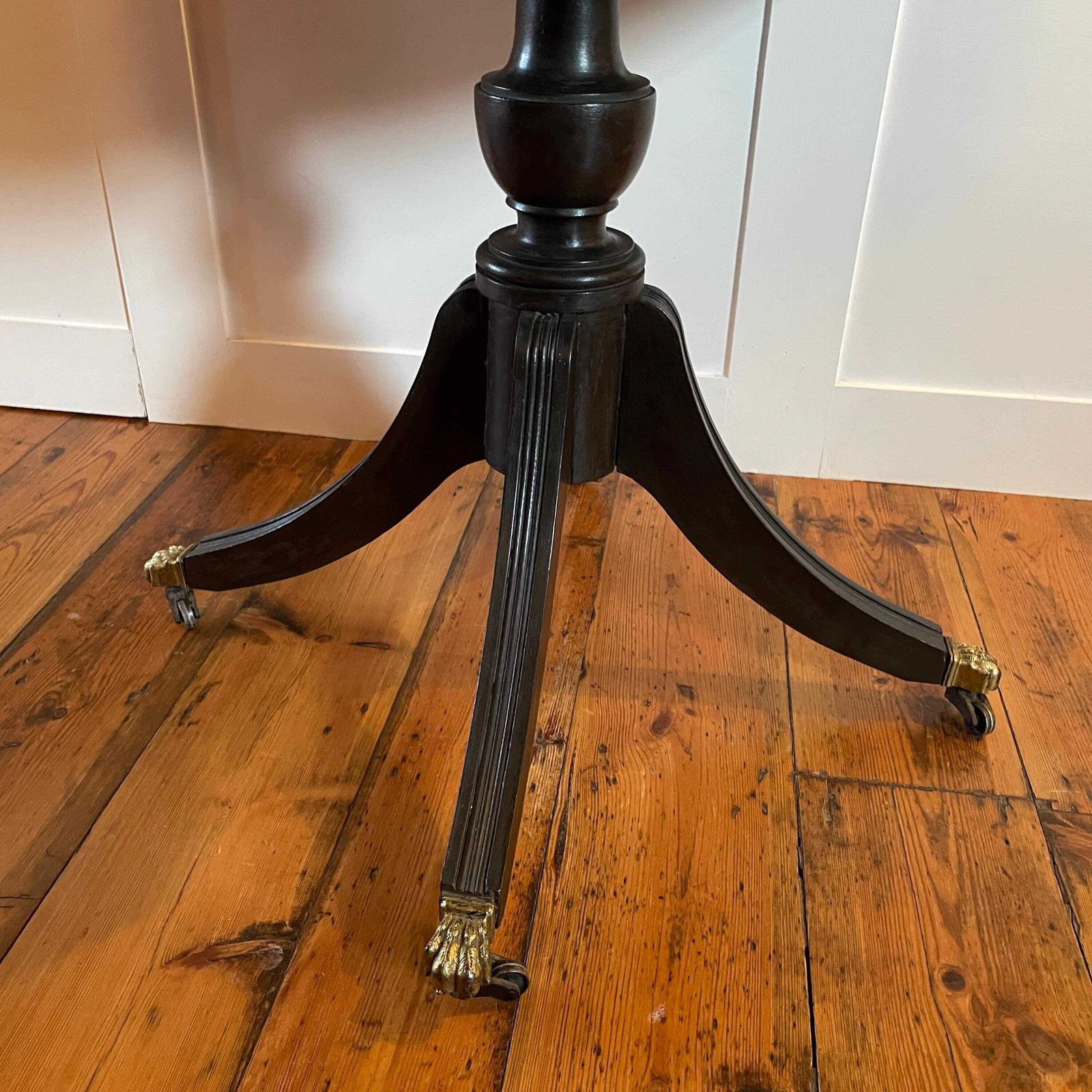Antique Black Mahogany Octagon Writing Table Leather Top Drum C.Early 1900's Center Hallway Table Brass Wheels On Claw Feet photo vinterior