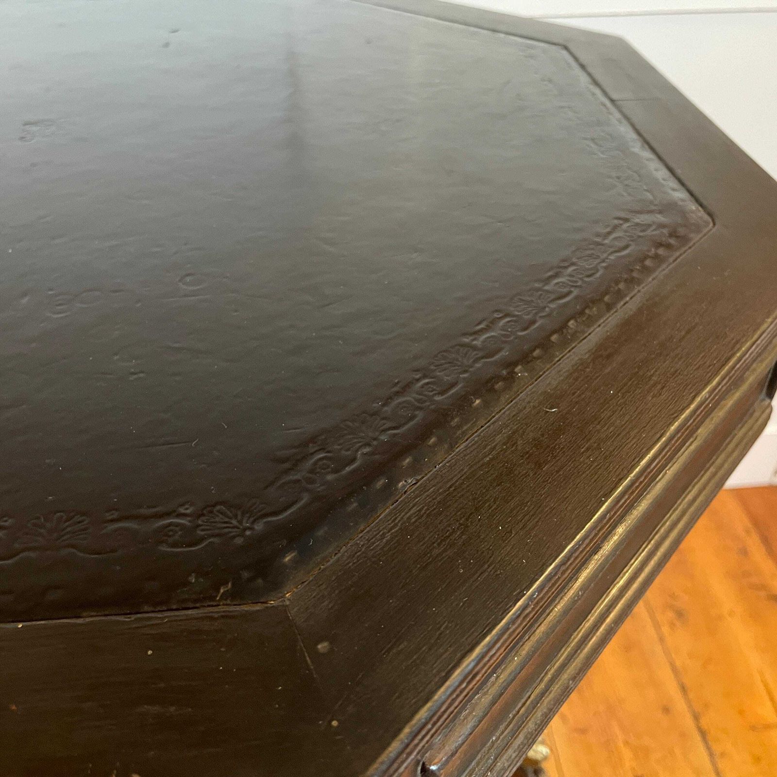 photo furniture Antique Black Mahogany Octagon Writing Table Leather Top Drum C.Early 1900's Center Hallway Table Brass Wheels On Claw Feet