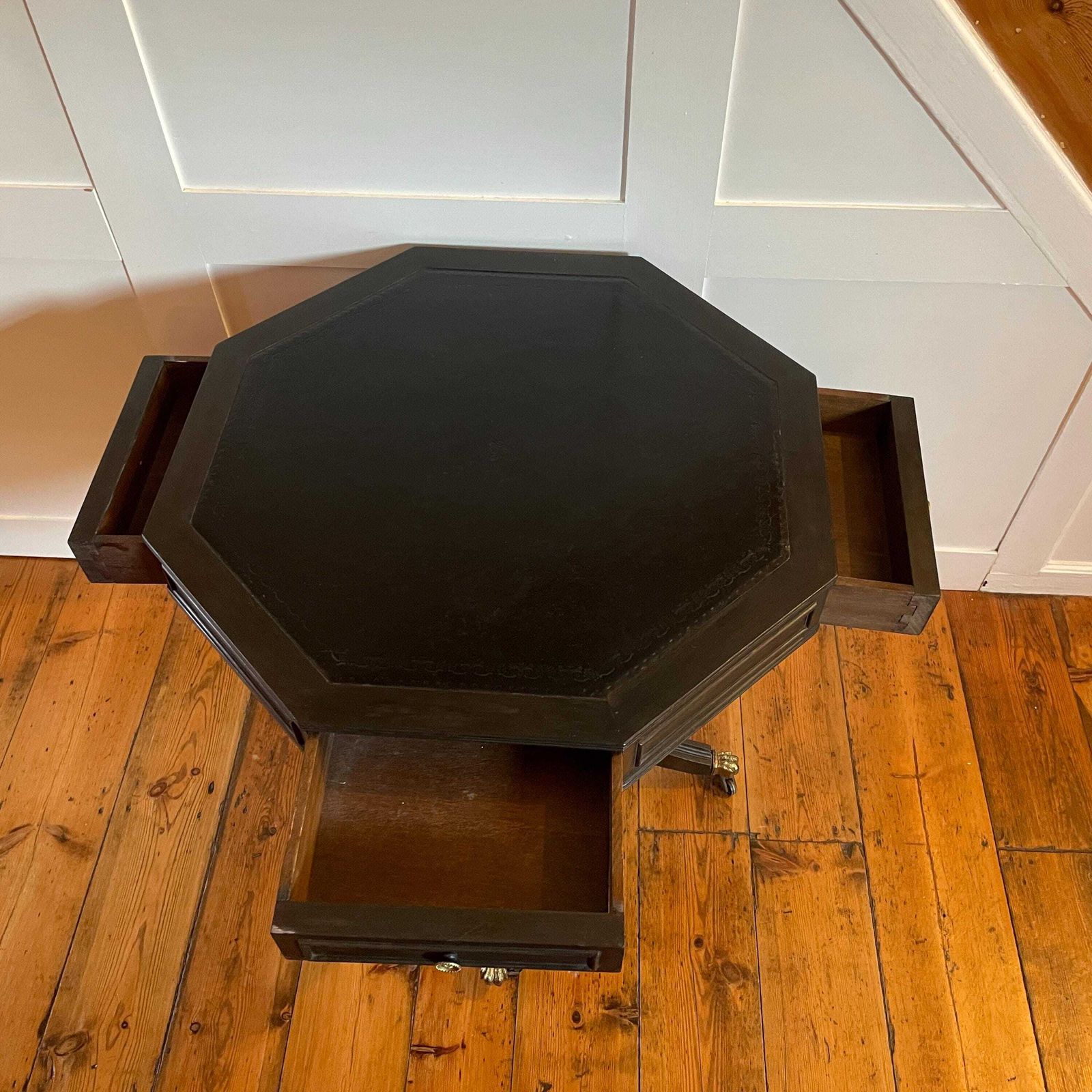 photo for sale Antique Black Mahogany Octagon Writing Table Leather Top Drum C.Early 1900's Center Hallway Table Brass Wheels On Claw Feet