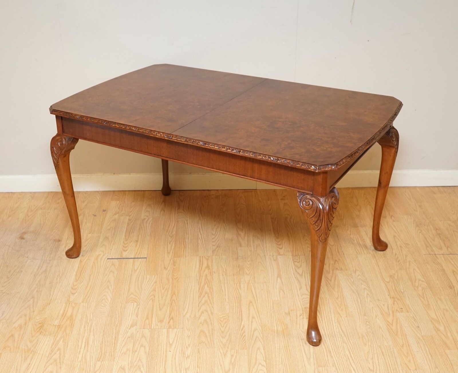 A Very Beautiful Circa 1930's Burr Walnut Queen Anne Carved Legs Dining Table photo furniture