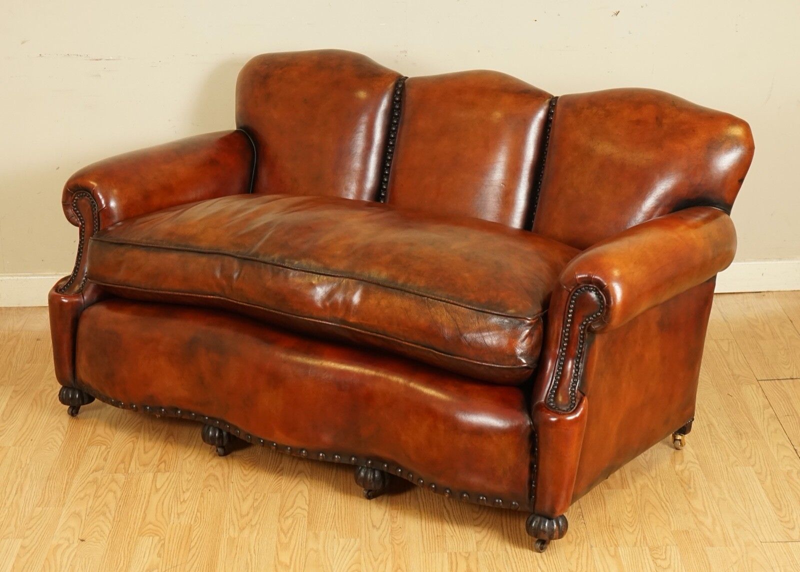 Fully Restored Hand Dyed Whisky Brown Edwardian Sofa With Feather Filled Cushion photo for sale
