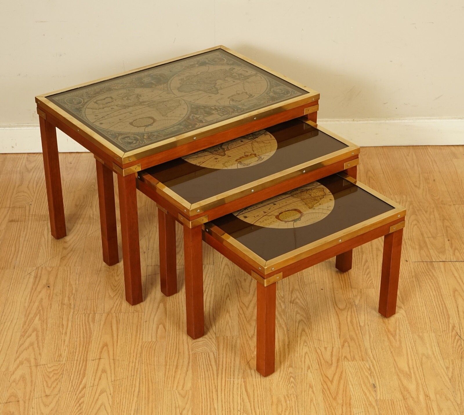 Stunning Coffee & Side Table Nest Of Tables Military Campaign With World Maps photo for sale