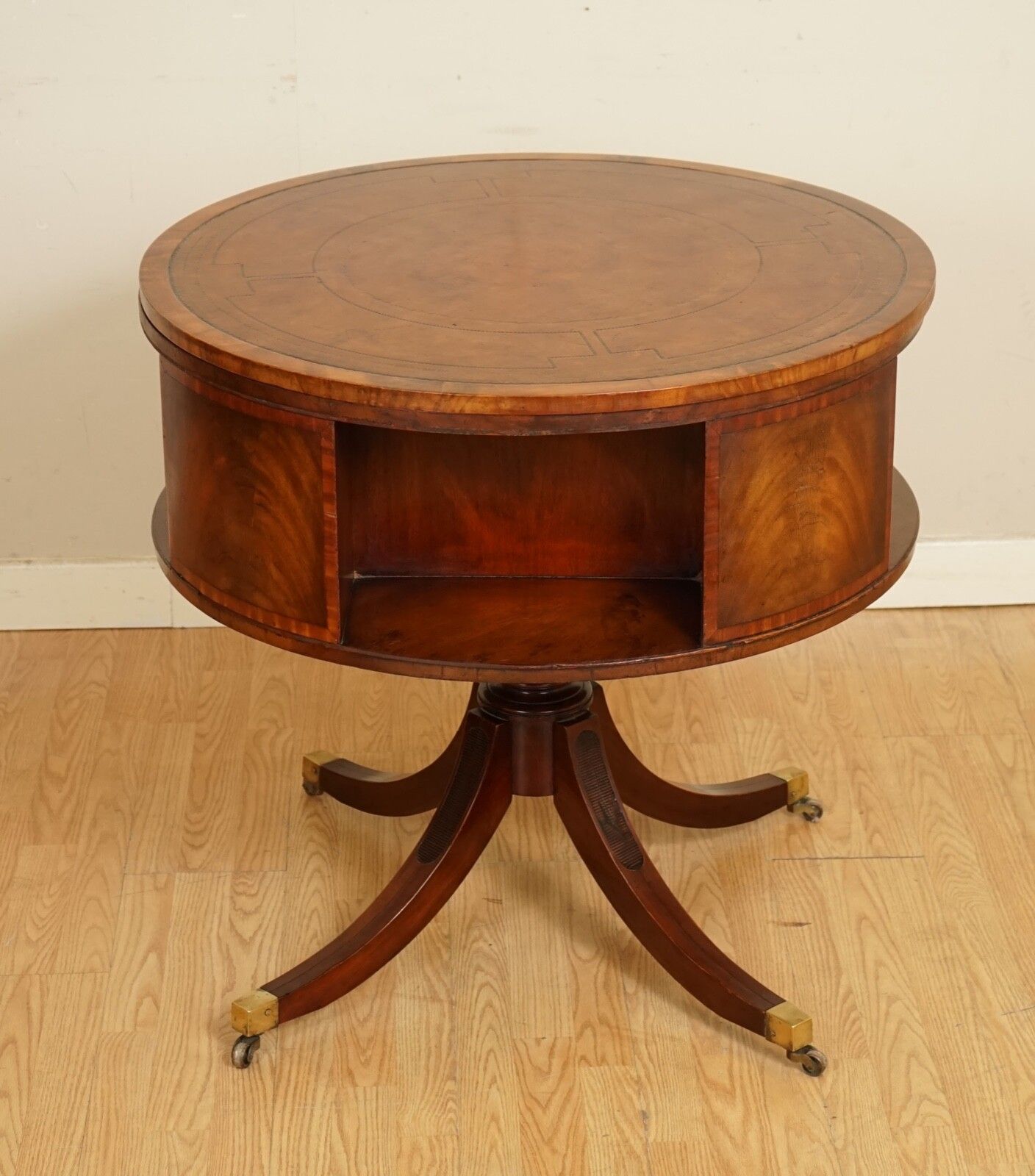 Regency Style Revolving Bookcase Drum Table Hand Dyed Whiskey Brown photo for sale