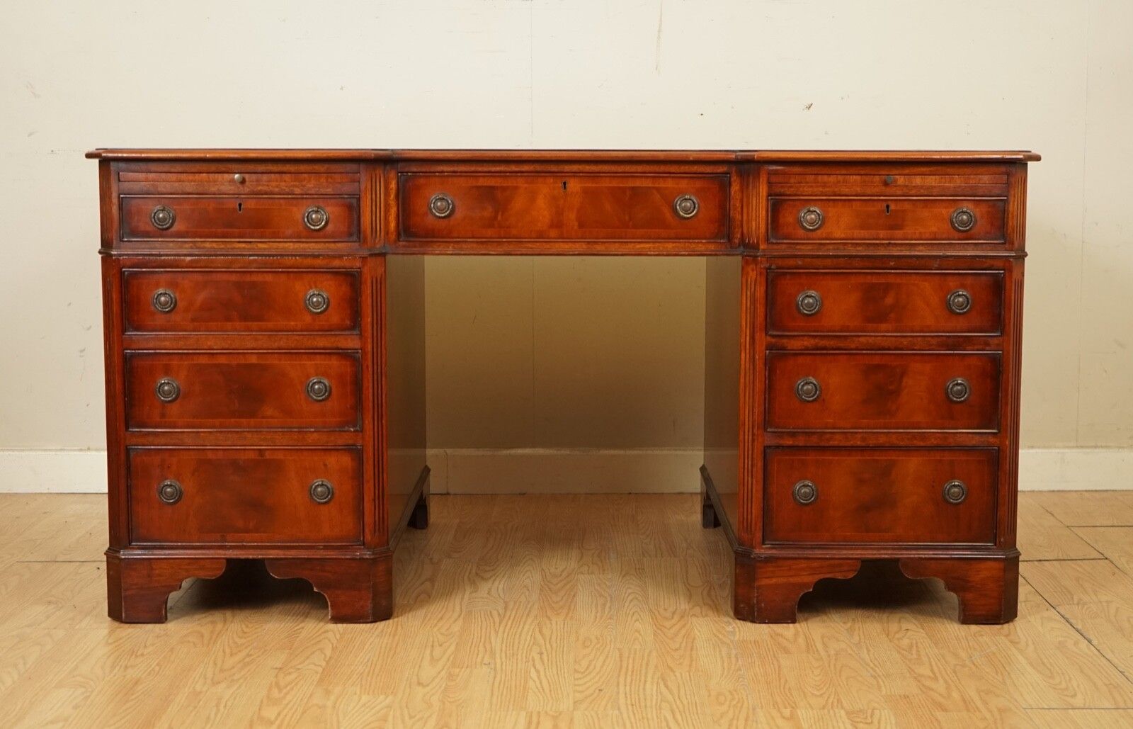 E.G Hudson Fully Restored Twin Pedestal Mahogany Desk With Green Leather Top photo furniture
