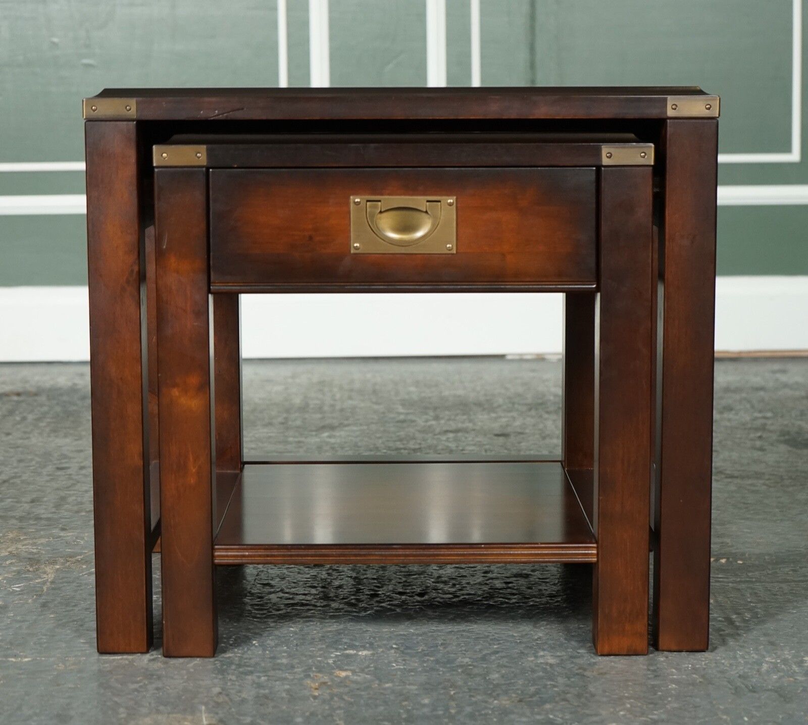 Vintage Mahogany & Brass Military Campaign Nest Of Tables With Drawer photo vinterior