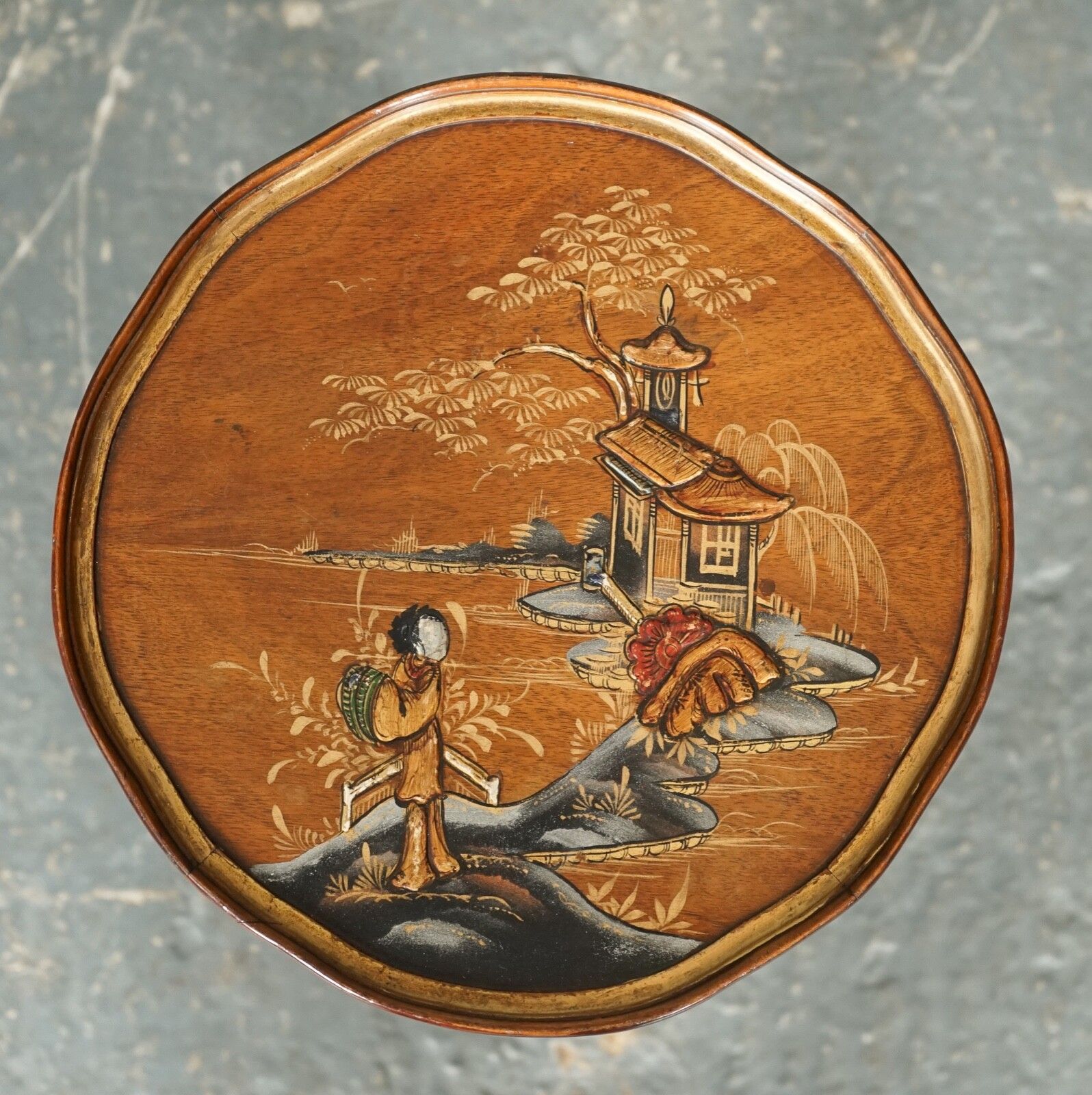 Vintage Oriental Chinoiserie  Ebonised Hand Painted Pedestal Side End Lamp Table photo Furniture