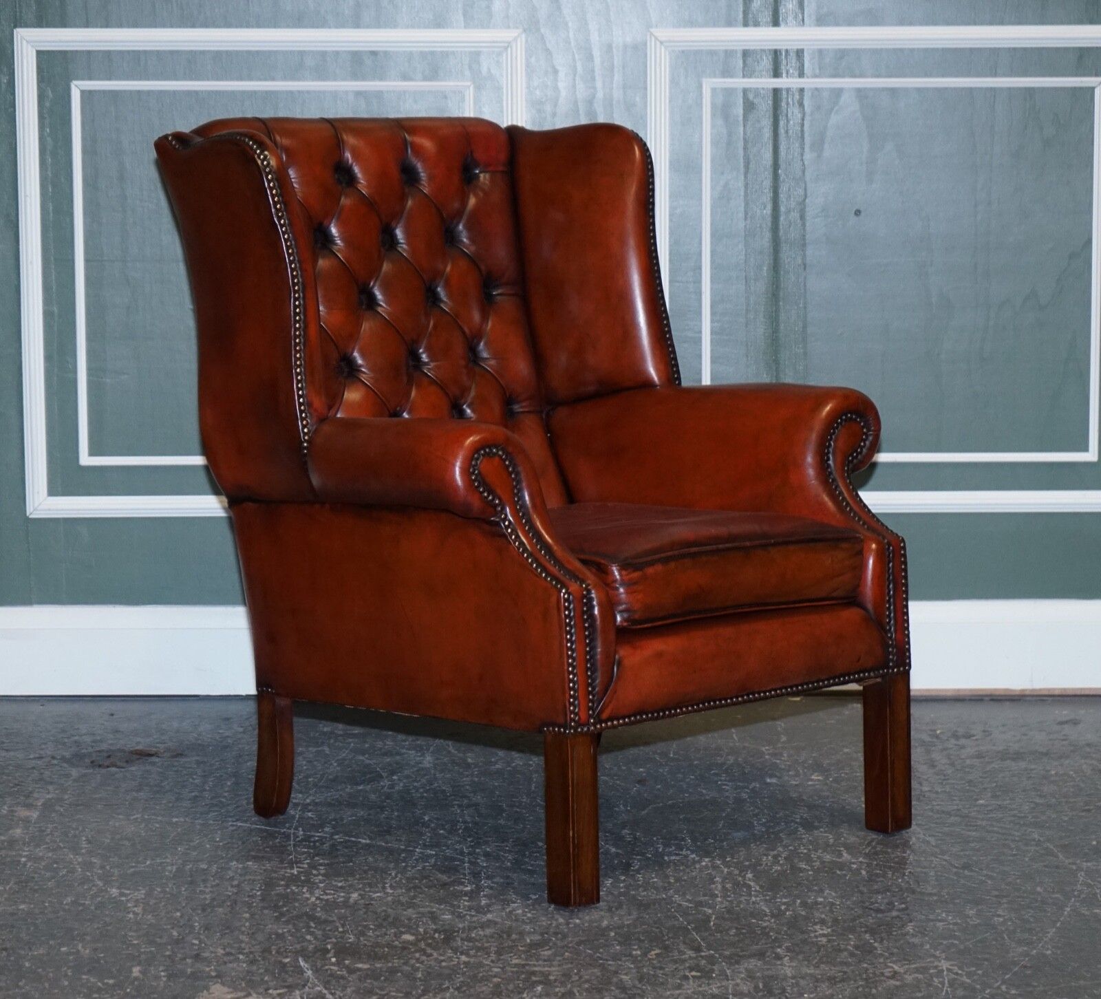 Stunning Pair Of Burgundy Brown Leather Hand Dyed Wingback Chairs photo Furniture
