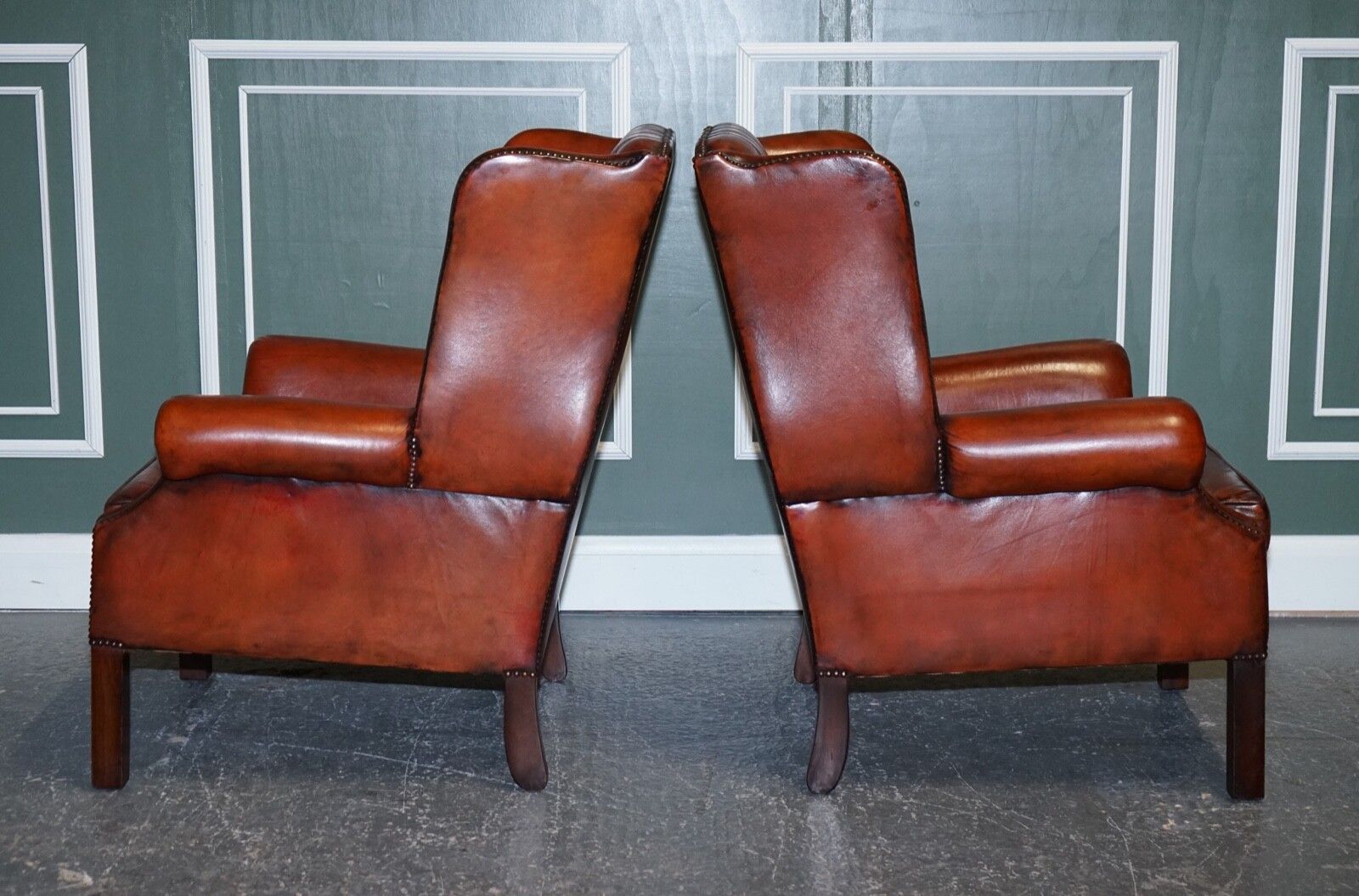 photo furniture Stunning Pair Of Burgundy Brown Leather Hand Dyed Wingback Chairs