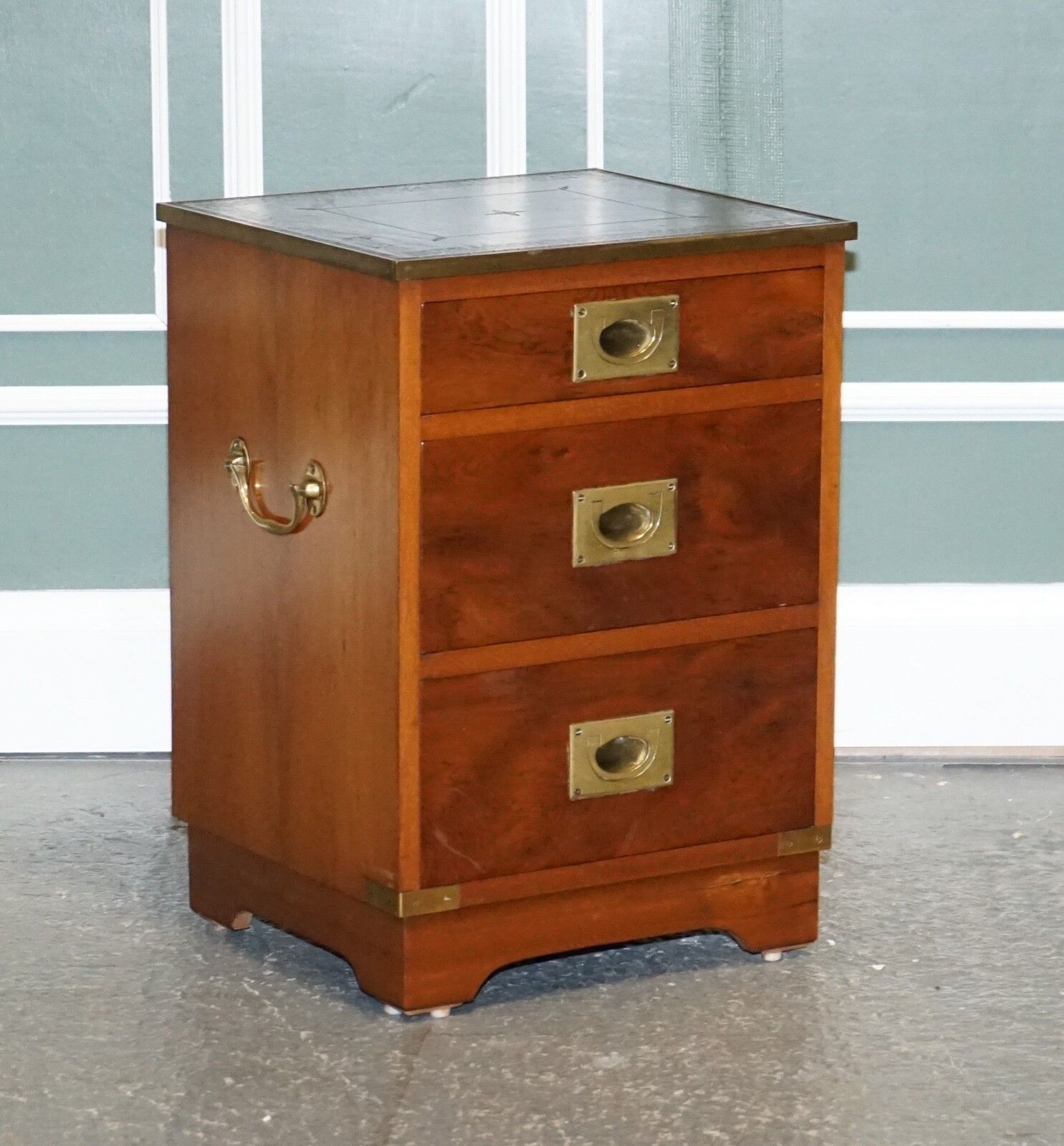 Military Campaign Bedside Nightstand End Table Green Leather Top photo furniture