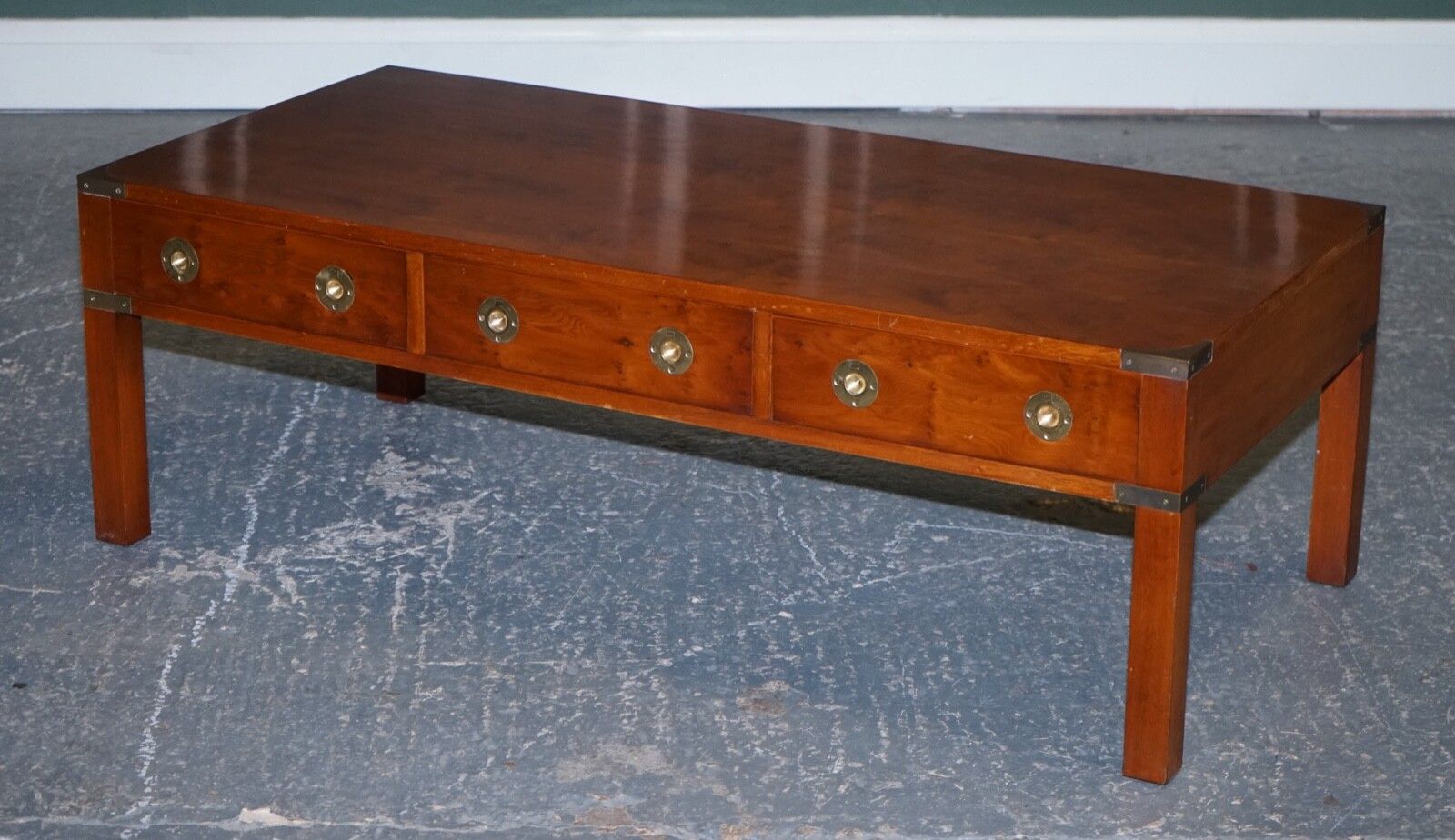Restored Burr Yew & Elm Brass Military Campaign 3 Drawer Coffee Table photo 1650.0