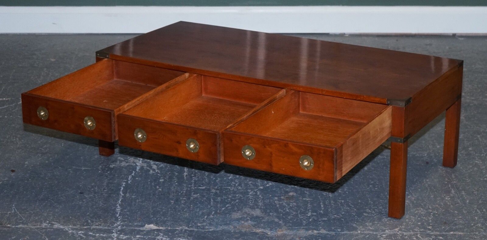 Restored Burr Yew & Elm Brass Military Campaign 3 Drawer Coffee Table photo vinterior