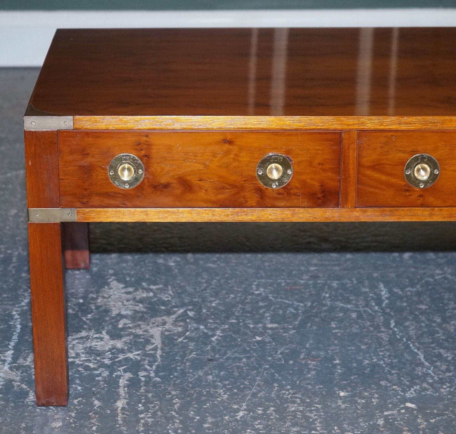 Furniture Restored Burr Yew & Elm Brass Military Campaign 3 Drawer Coffee Table photo