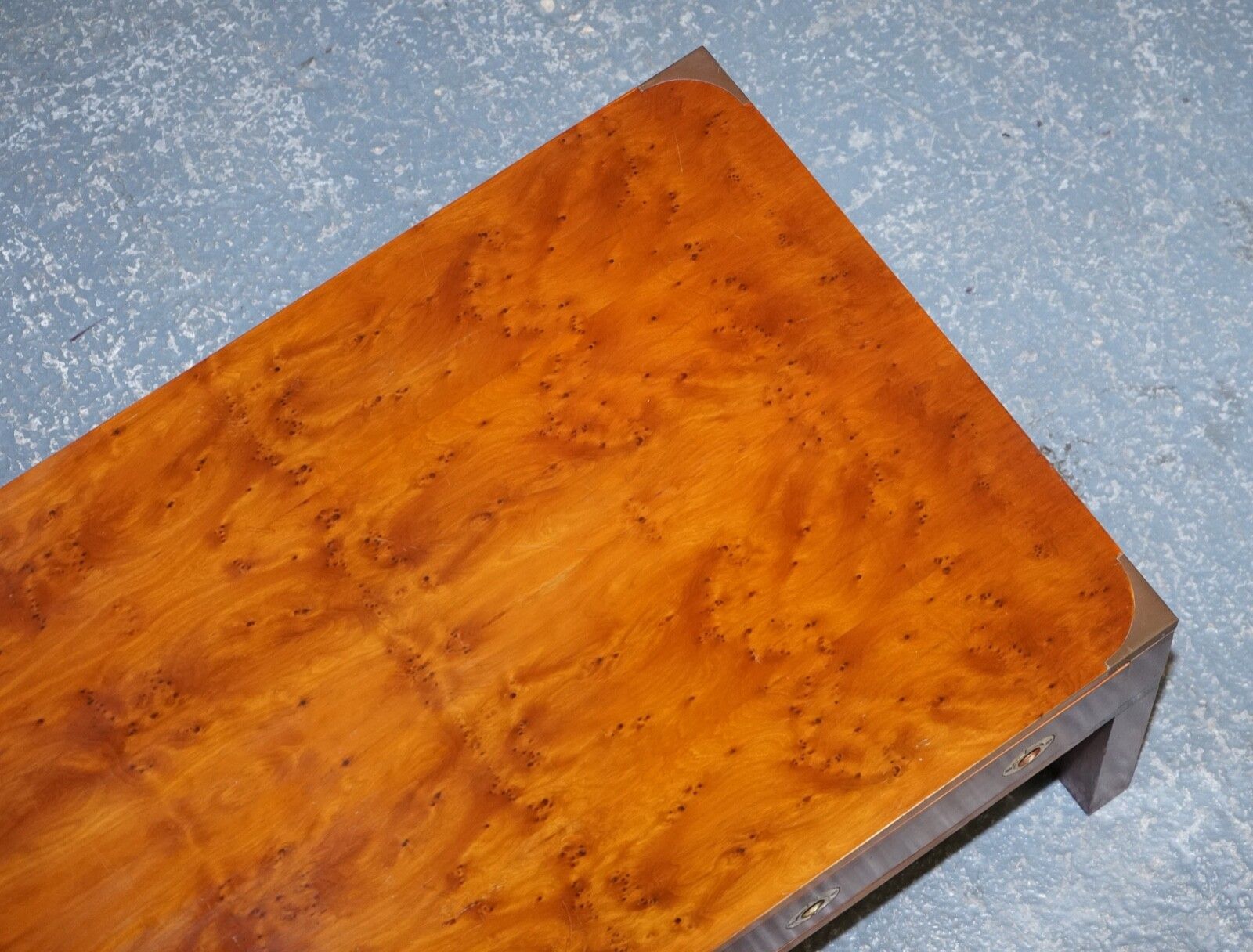 photo buy Restored Burr Yew & Elm Brass Military Campaign 3 Drawer Coffee Table