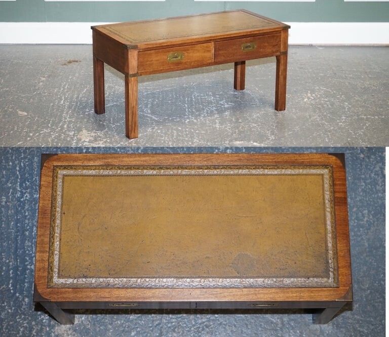 Harrods London Kennedy Military Campaign Coffee Table With Brown Leather Top photo furniture