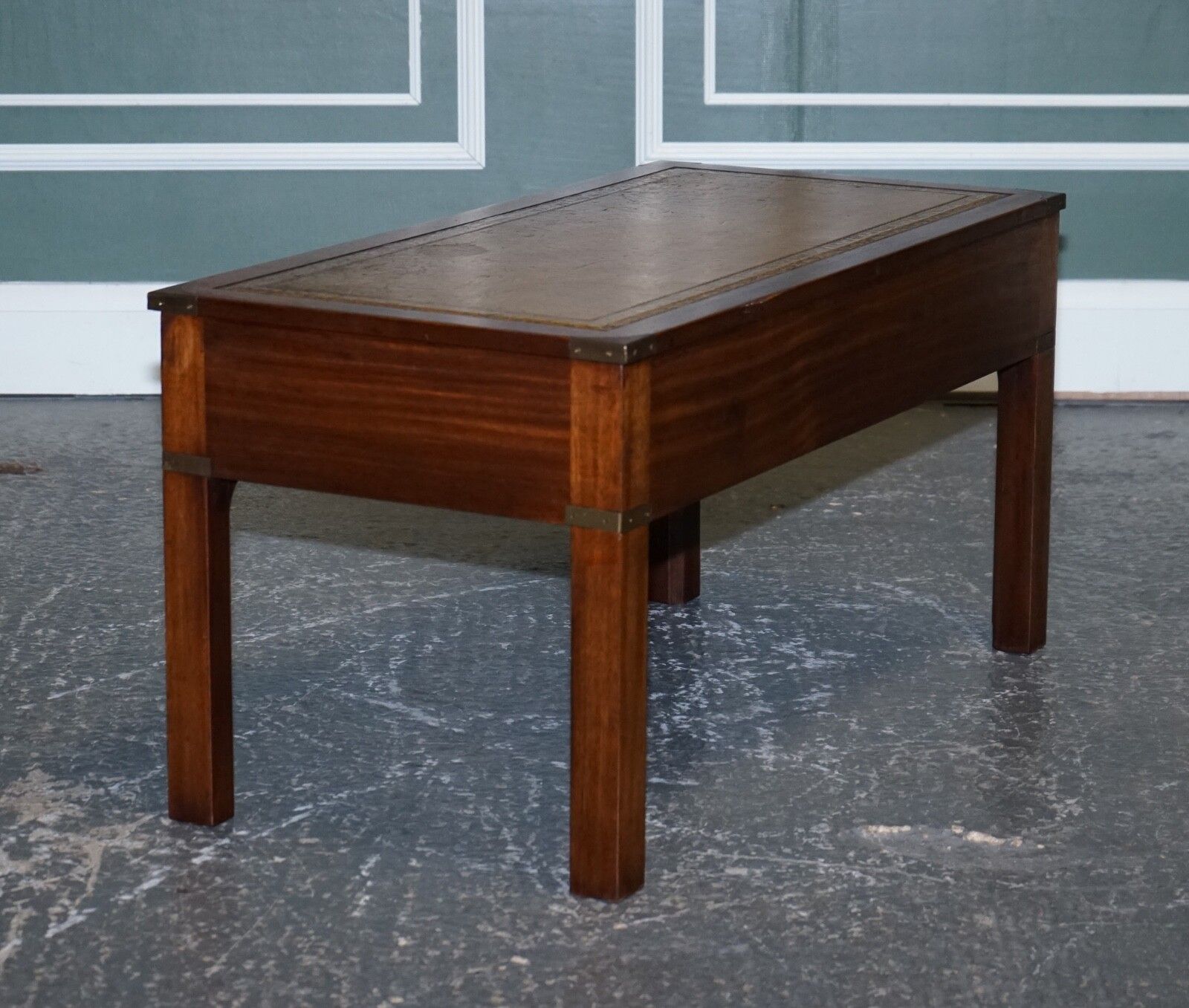 photo for sale Harrods London Kennedy Military Campaign Coffee Table With Brown Leather Top
