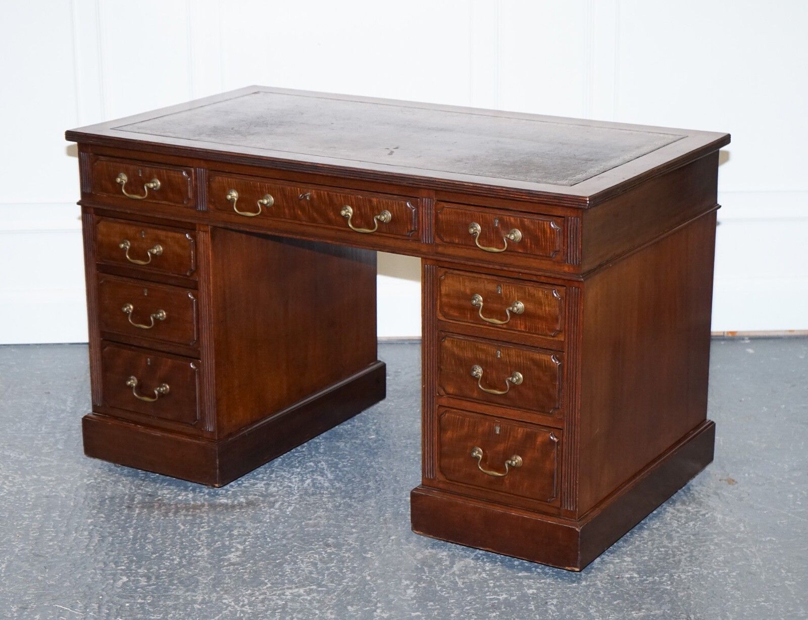 Edwardian Maple & Co Pedestal Writing Desk Distressed Brown Embossed Leather photo Furniture
