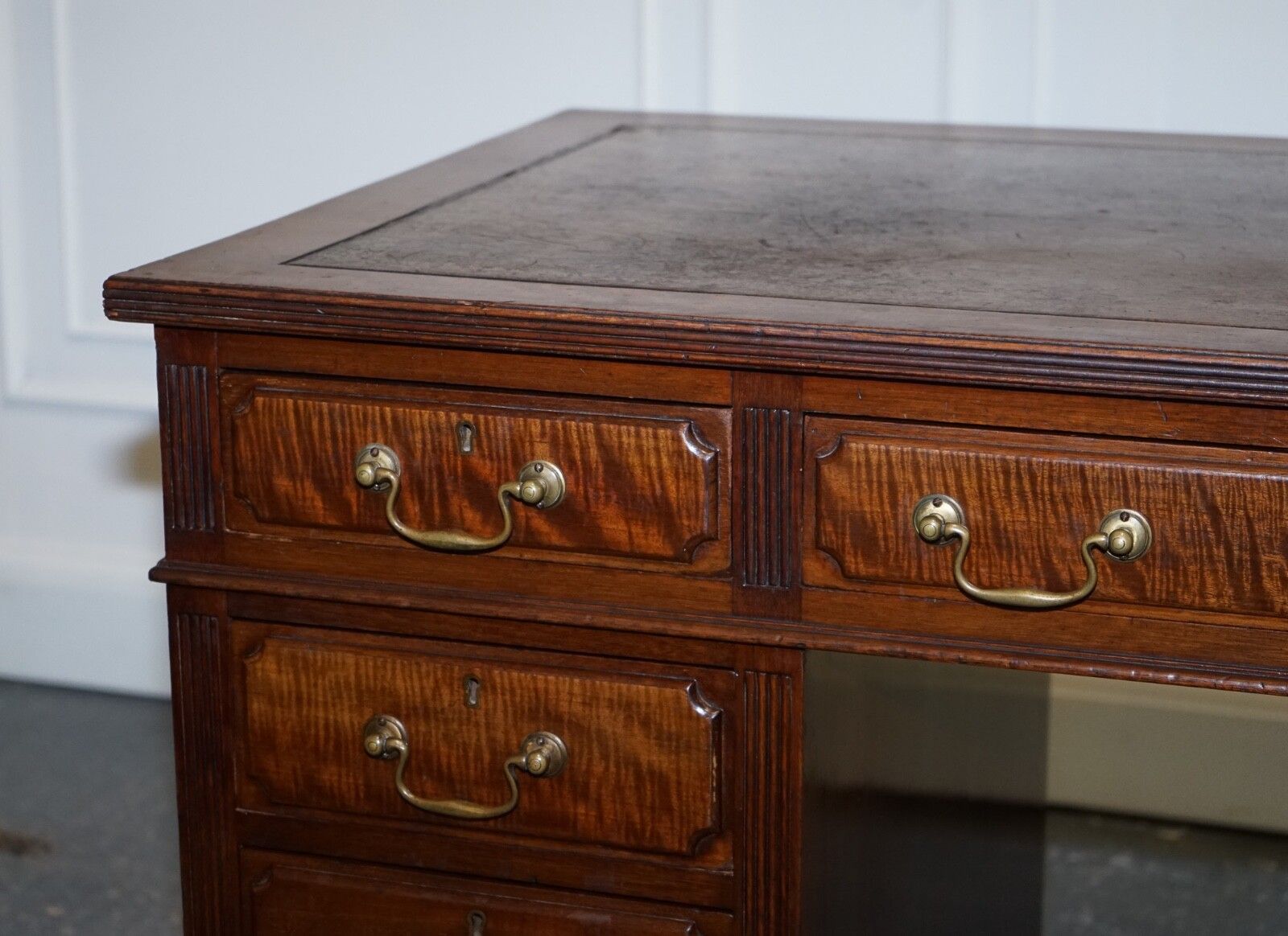 Edwardian Maple & Co Pedestal Writing Desk Distressed Brown Embossed Leather photo buy