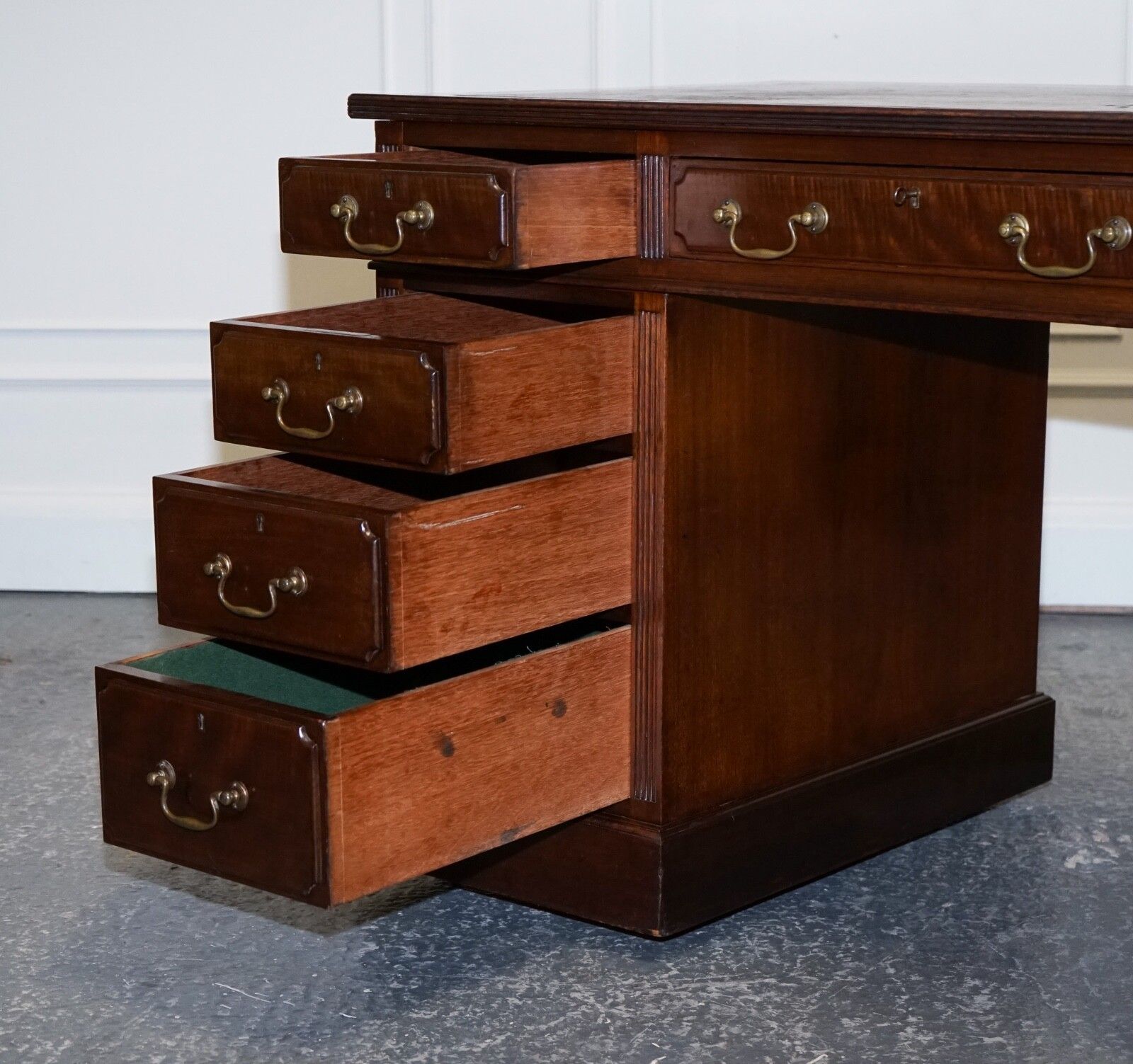 photo for sale Edwardian Maple & Co Pedestal Writing Desk Distressed Brown Embossed Leather
