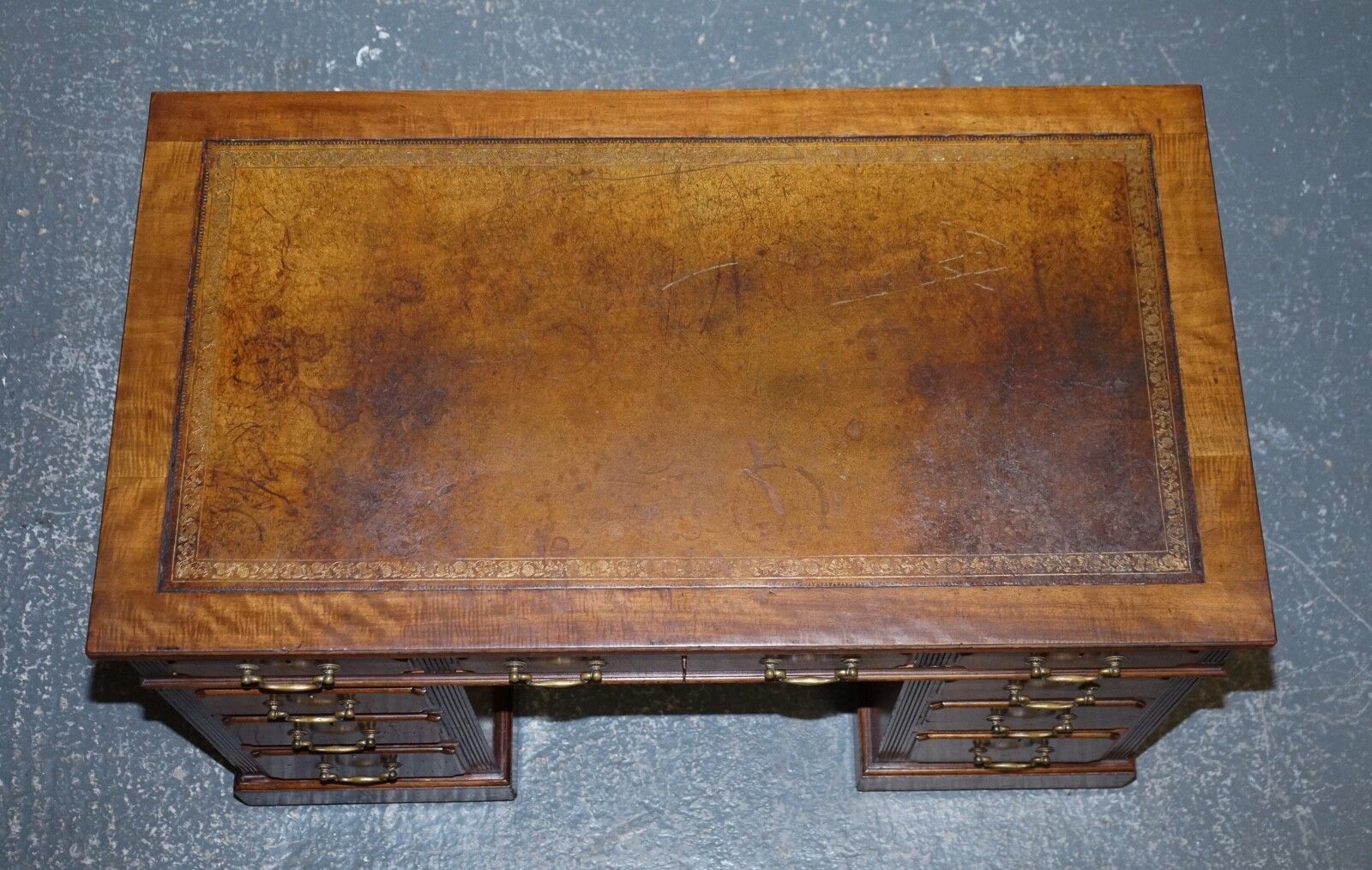 Furniture Edwardian Maple & Co Pedestal Writing Desk Distressed Brown Embossed Leather photo