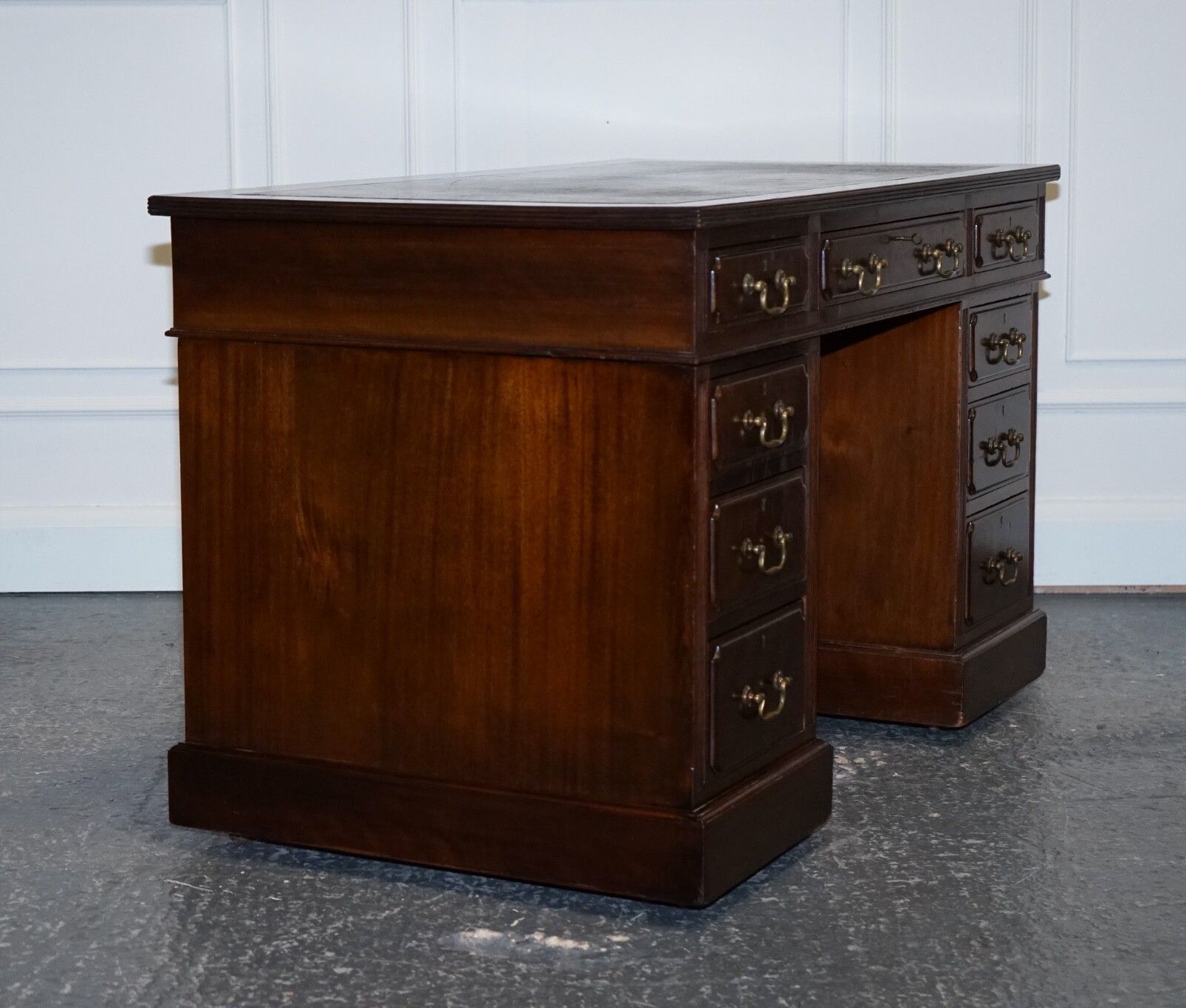 photo buy Edwardian Maple & Co Pedestal Writing Desk Distressed Brown Embossed Leather