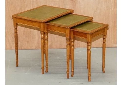 Nest Of Three Yew Wood Green Leather Top & Gold Leaf Embossed Side Tables photo furniture