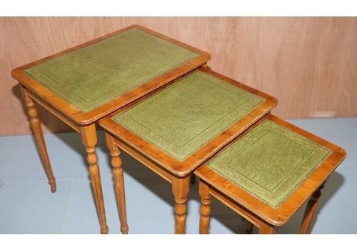 Nest Of Three Yew Wood Green Leather Top & Gold Leaf Embossed Side Tables photo Furniture
