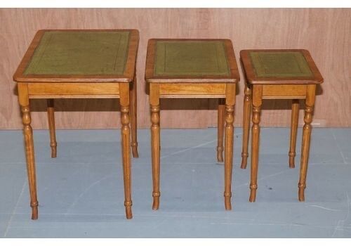 Nest Of Three Yew Wood Green Leather Top & Gold Leaf Embossed Side Tables photo vinterior