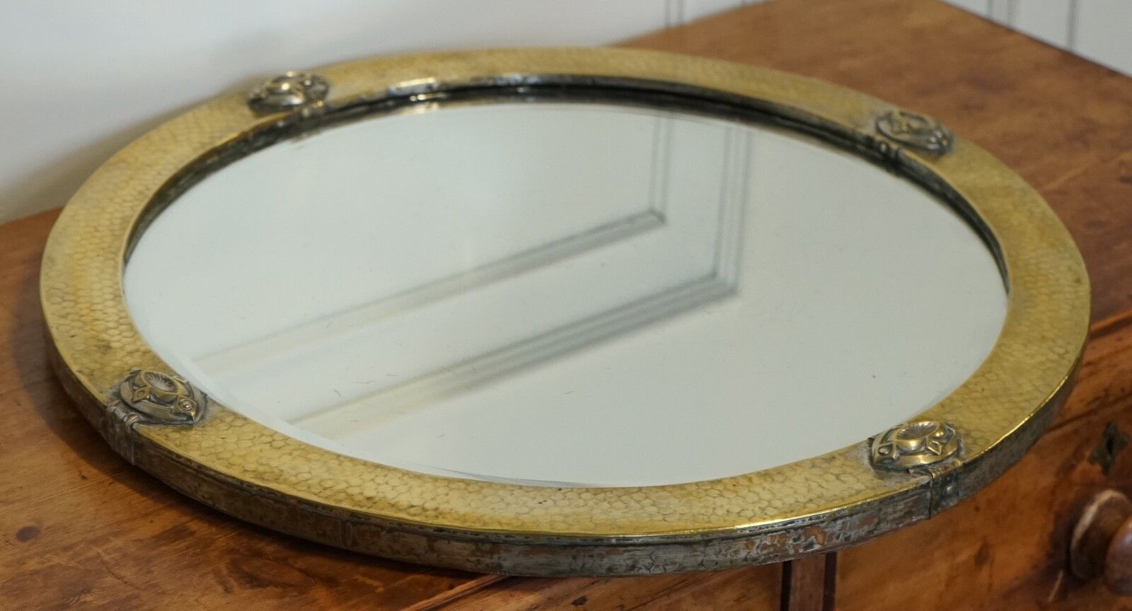 photo for sale Arts & Crafts Libertys Of London Hammered Brass Wall Mirror Circa 1910
